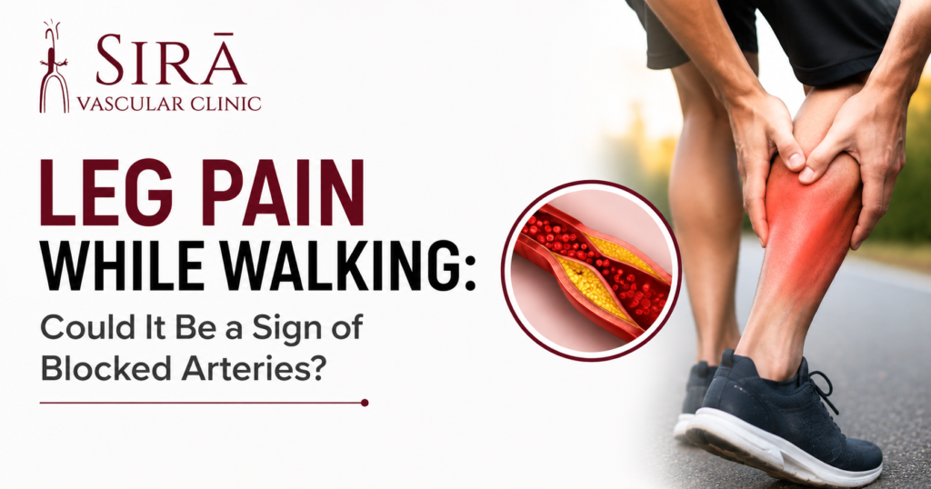 Awareness banner about leg pain while walking and its connection to blocked arteries, highlighting the importance of consulting a vascular surgeon for timely diagnosis and treatment.