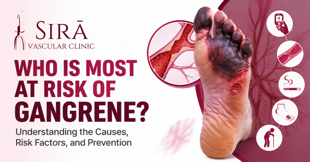 Medical infographic titled “Who Is Most at Risk of Gangrene?” showing a gangrenous foot, blood vessel illustration, and risk factor icons with SIRĀ Vascular Clinic branding.