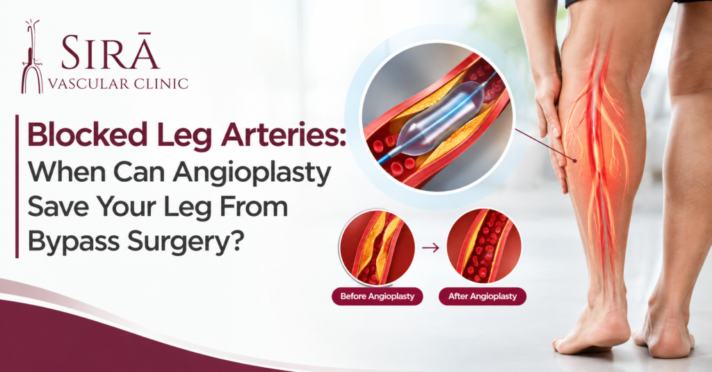 Medical awareness graphic showing blocked leg arteries, reduced blood flow, angioplasty treatment, and bypass surgery options with SIRÄ€ Vascular Clinic branding.